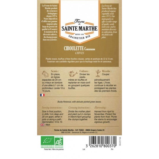 Bio-Samenbeutel mit ciboulette commune von La Ferme Sainte Marthe mit 500 nachbaufähigen zertifizierten landwirtschaftlichen Sam