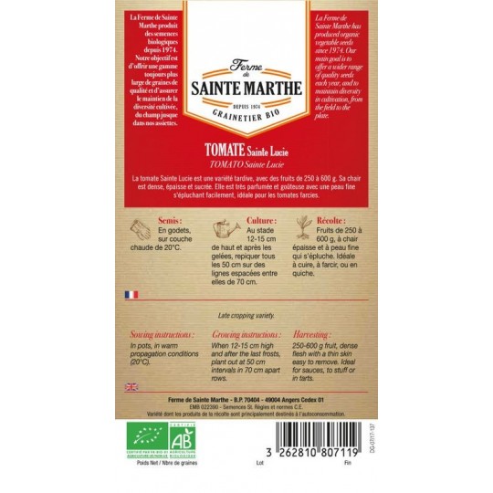 Samenpackung Tomate Sainte Lucie AB von La Ferme Sainte Marthe, alte nachbaufähige Sorte