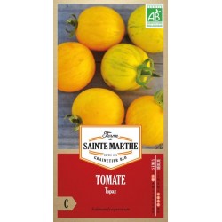 Bio-Samenbeutel Tomate Topaz von La Ferme Sainte Marthe mit gelb gestreiften Tomaten