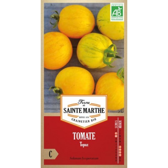 Bio-Samenbeutel Tomate Topaz von La Ferme Sainte Marthe mit gelb gestreiften Tomaten