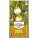 Weiße runde Eier-Auberginen Bio von La Ferme Sainte Marthe, alte dekorative Sorte mit weißen ovalen Früchten