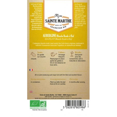 Bio-Samenbeutel Aubergine Blanche Ronde à Oeuf von La Ferme Sainte Marthe, 50 nachbaubare Samen