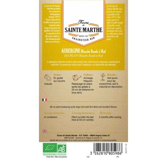 Bio-Samenbeutel Aubergine Blanche Ronde à Oeuf von La Ferme Sainte Marthe, 50 nachbaubare Samen