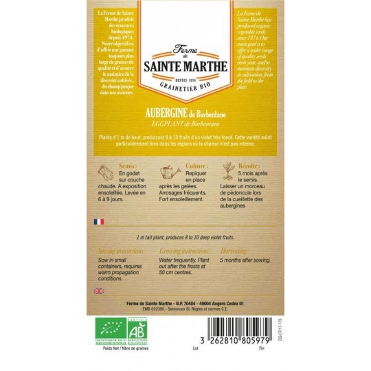 Samenbeutel Aubergine de Barbentane AB von La Ferme Sainte Marthe, biologisch zertifiziert
