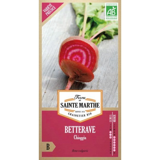 Bio-Samenbeutel Rote Bete Chioggia AB von La Ferme Sainte Marthe mit aufgeschnittener Roter Bete