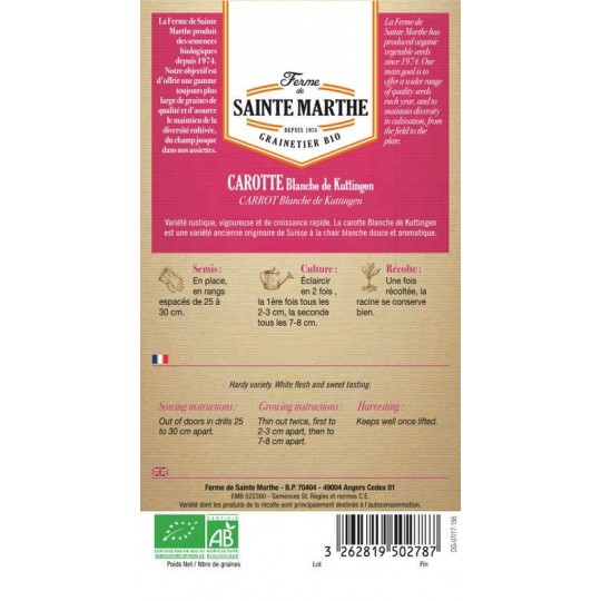 Bio-Samenbeutel Karotte Blanche de Kuttingen von La Ferme Sainte Marthe, alte Schweizer Sorte