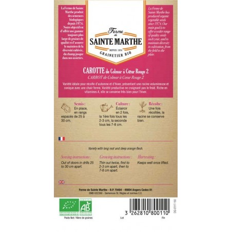 Samenbeutel Karotte de Colmar à Cœur Rouge 2 AB von La Ferme Sainte Marthe, biologisch zertifiziert