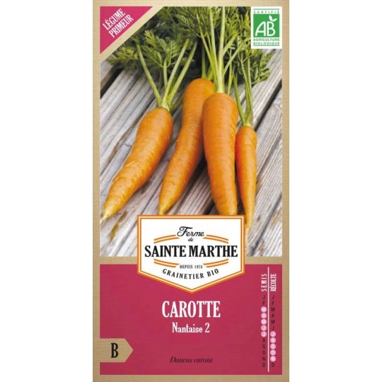 Bio-Samenbeutel Karotte Nantaise 2 AB von La Ferme Sainte Marthe mit frischen orangen Karotten
