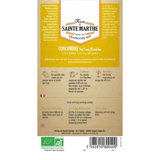 Bio-Samenbeutel Gurke Vert Long Maraîcher AB von La Ferme Sainte Marthe mit Anleitung
