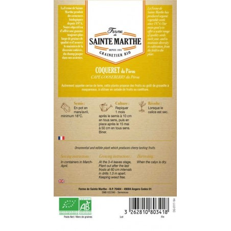 Bio-Samenbeutel Coqueret du Pérou AB von La Ferme Sainte Marthe mit Aussaatanleitung