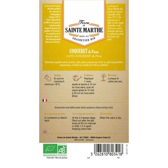 Bio-Samenbeutel Coqueret du Pérou AB von La Ferme Sainte Marthe mit Aussaatanleitung
