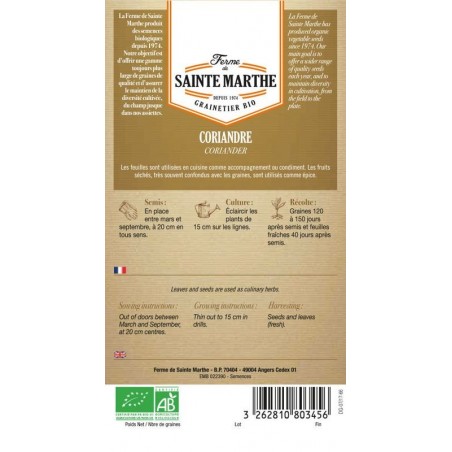 Bio-Samenbeutel Koriander von La Ferme Sainte Marthe mit Anleitung für Aussaat und Anbau