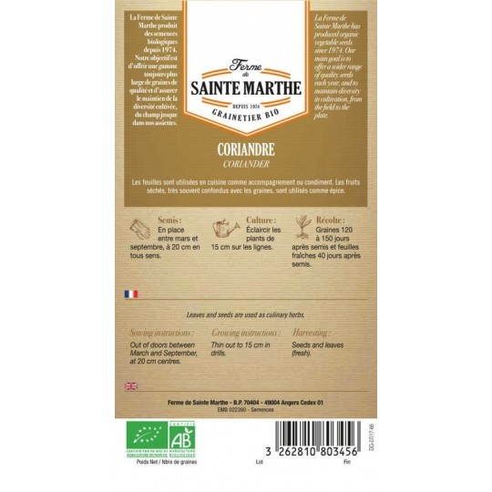 Bio-Samenbeutel Koriander von La Ferme Sainte Marthe mit Anleitung für Aussaat und Anbau