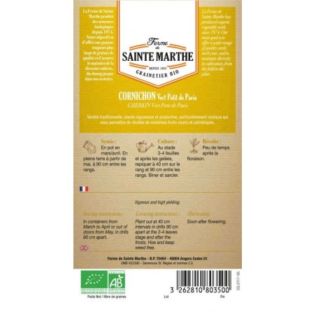 Samenbeutel Cornichon Vert Petit de Paris AB von La Ferme Sainte Marthe mit Anbauanweisungen