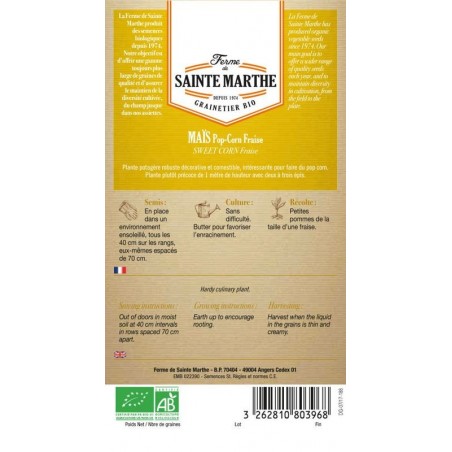 Samenbeutel Bio-Erdbeer-Popcorn-Mais von La Ferme Sainte Marthe mit detaillierten Anbauanweisungen