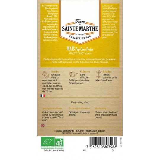 Samenbeutel Bio-Erdbeer-Popcorn-Mais von La Ferme Sainte Marthe mit detaillierten Anbauanweisungen