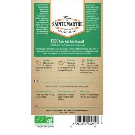 Bio-Samenbeutel mit Chou Curly Kale Roter Grunkohl AB von La Ferme de Sainte Marthe mit Anbauinformationen