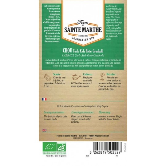 Bio-Samenbeutel mit Chou Curly Kale Roter Grunkohl AB von La Ferme de Sainte Marthe mit Anbauinformationen
