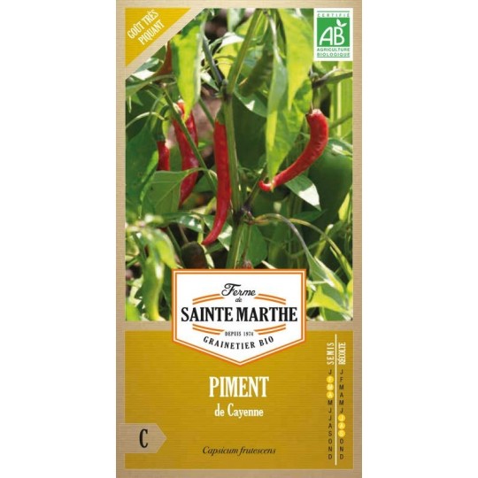 Samenbeutel Cayenne-Chili AB von La Ferme Sainte Marthe mit Pflanzen und scharfen roten Früchten