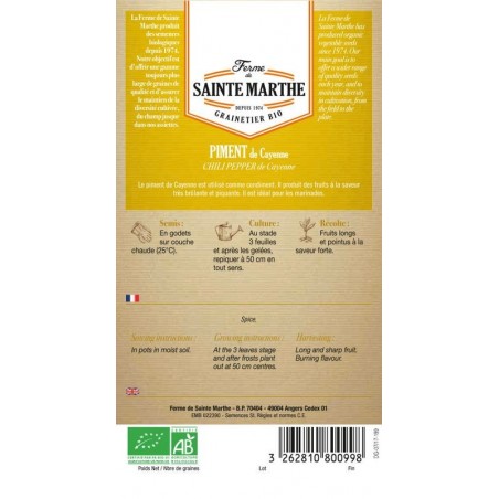 Samenbeutel Cayenne-Chili AB biologisch zertifiziert von La Ferme Sainte Marthe