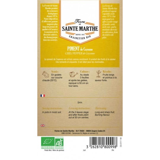 Samenbeutel Cayenne-Chili AB biologisch zertifiziert von La Ferme Sainte Marthe