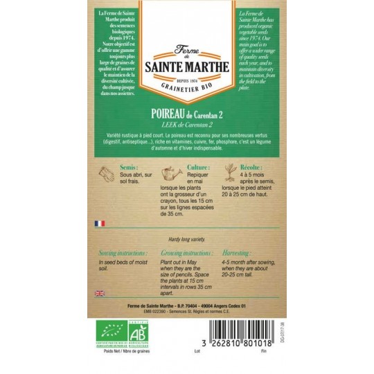 Samenbeutel Porree Carentan 2 AB biologisch zertifiziert von La Ferme Sainte Marthe mit Anbauanweisungen