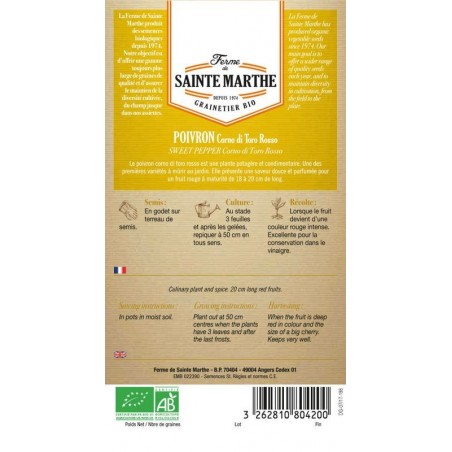 Samenbeutel biologischer Paprika Corno di Toro Rosso von La Ferme Sainte Marthe, alte Sorte