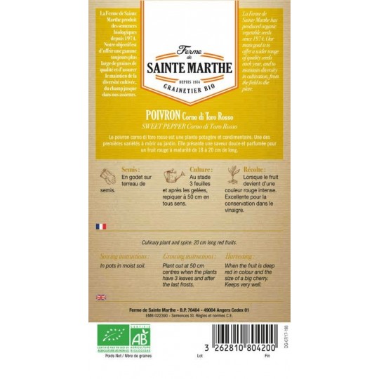 Samenbeutel biologischer Paprika Corno di Toro Rosso von La Ferme Sainte Marthe, alte Sorte