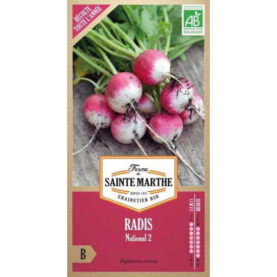 Bio-Samenbeutel Radieschen National 2 rosa mit weißer Spitze von La Ferme Sainte Marthe, nachbaufähige Sorte