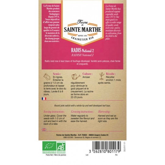 Samenbeutel Radieschen National 2 rosa mit weißem Ende von La Ferme Sainte Marthe, nachbaufähige Sorte