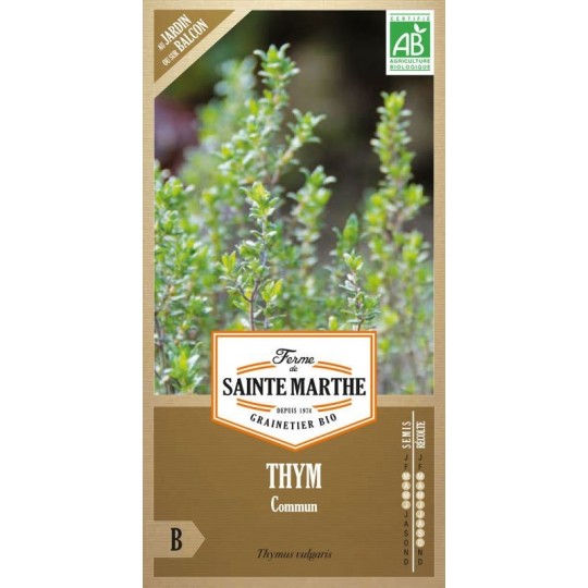 Samenbeutel Thymian Commun AB von La Ferme Sainte Marthe mit Thymianpflanze im Hintergrund