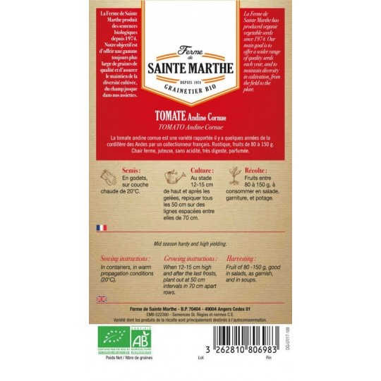 Samenpackung mit Tomatensamen Andine Cornue AB von La Ferme Sainte Marthe, alte Sorte aus den Anden
