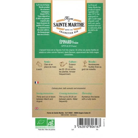 Bio-Samenbeutel mit épinard fraise bio von La Ferme Sainte Marthe mit detaillierten Anbauanweisungen