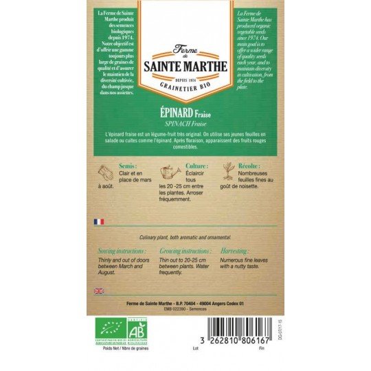 Bio-Samenbeutel mit épinard fraise bio von La Ferme Sainte Marthe mit detaillierten Anbauanweisungen