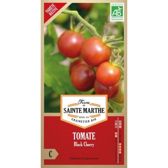 Samenbeutel mit biologischen Black-Cherry-Tomatensamen von La Ferme Sainte Marthe, purpurne Kirschsorte
