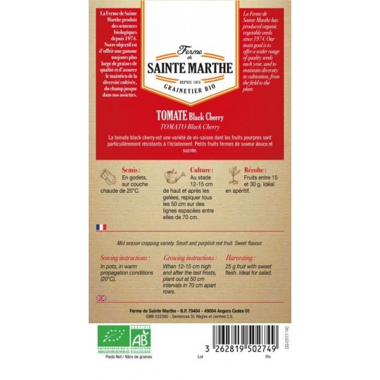 Samenbeutel mit Bio-Tomatensamen Black Cherry von La Ferme Sainte Marthe mit detaillierten Anbauanweisungen