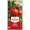 Bio-Samenbeutel mit Tomatensamen Reine de Sainte Marthe mit reifen roten Tomaten an grüner Pflanze