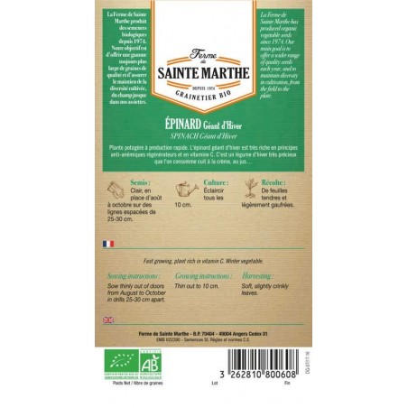 Bio-Samenbeutel mit épinard Géant d'Hiver AB von La Ferme Sainte Marthe, rustikale biologische Sorte
