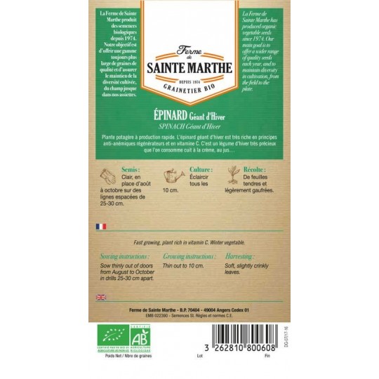Bio-Samenbeutel mit épinard Géant d'Hiver AB von La Ferme Sainte Marthe, rustikale biologische Sorte
