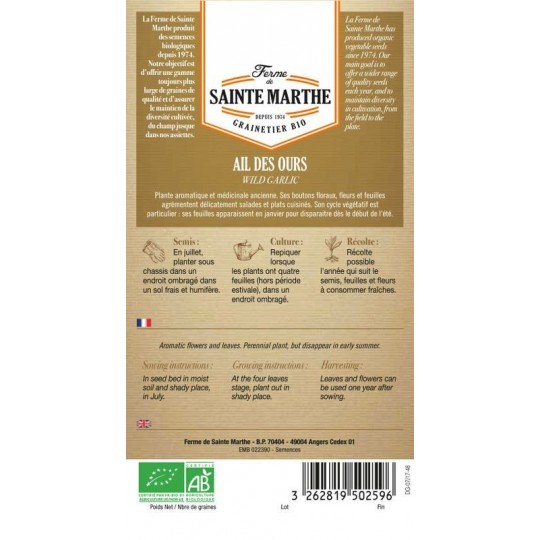 Samenbeutel von Bio-Bärlauch La Ferme Sainte Marthe mit Anbauinformationen und AB-Zertifizierung