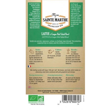 Samenpackung mit Laitue à couper Red Salad Bowl AB von La Ferme Sainte Marthe, nachbaufähige Bio-Sorte