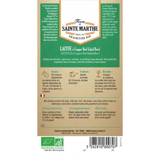 Samenpackung mit Laitue à couper Red Salad Bowl AB von La Ferme Sainte Marthe, nachbaufähige Bio-Sorte