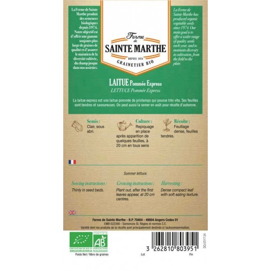 Samenbeutel mit Laitue Pommée Express AB von La Ferme de Sainte Marthe mit biologischer Zertifizierung