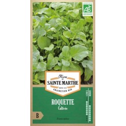 Bio-Samenbeutel mit roquette cultivée von Ferme de Sainte Marthe mit grünen gelappten Blättern zum Säen