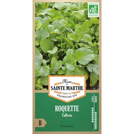 Bio-Samenbeutel mit roquette cultivée von Ferme de Sainte Marthe mit grünen gelappten Blättern zum Säen