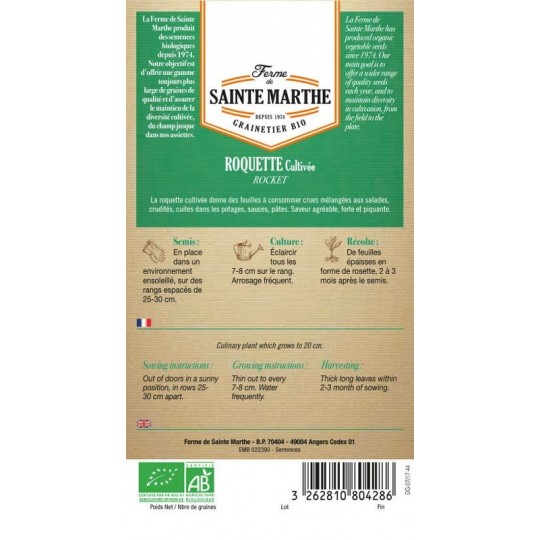 Samenbeutel mit Roquette Cultivée AB von Ferme de Sainte Marthe bio mit Aussaatanweisungen