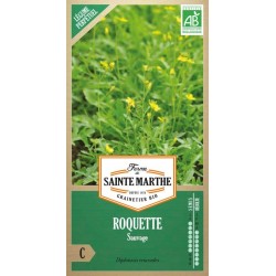 Bio-Samenbeutel mit roquette sauvage bio von Ferme Sainte Marthe mit grünen Pflanzen und gelben Blüten