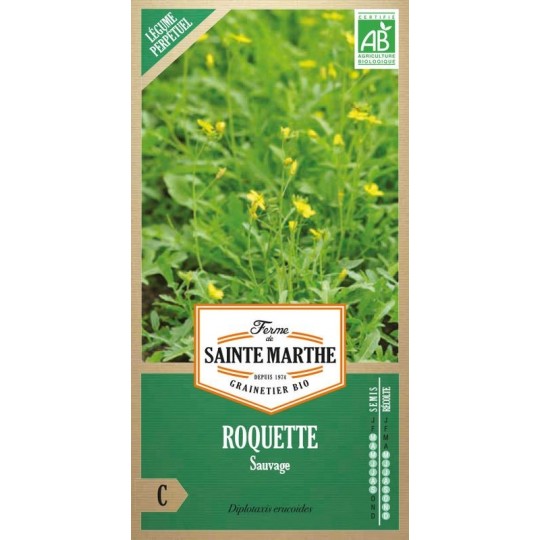 Bio-Samenbeutel mit roquette sauvage bio von Ferme Sainte Marthe mit grünen Pflanzen und gelben Blüten