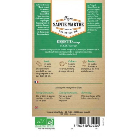 Samenbeutel mit Roquette Sauvage AB von La Ferme Sainte Marthe mit detaillierten Anbauanweisungen