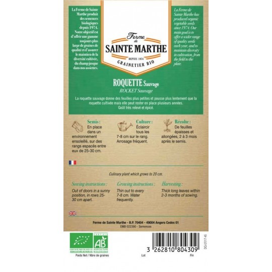 Samenbeutel mit Roquette Sauvage AB von La Ferme Sainte Marthe mit detaillierten Anbauanweisungen